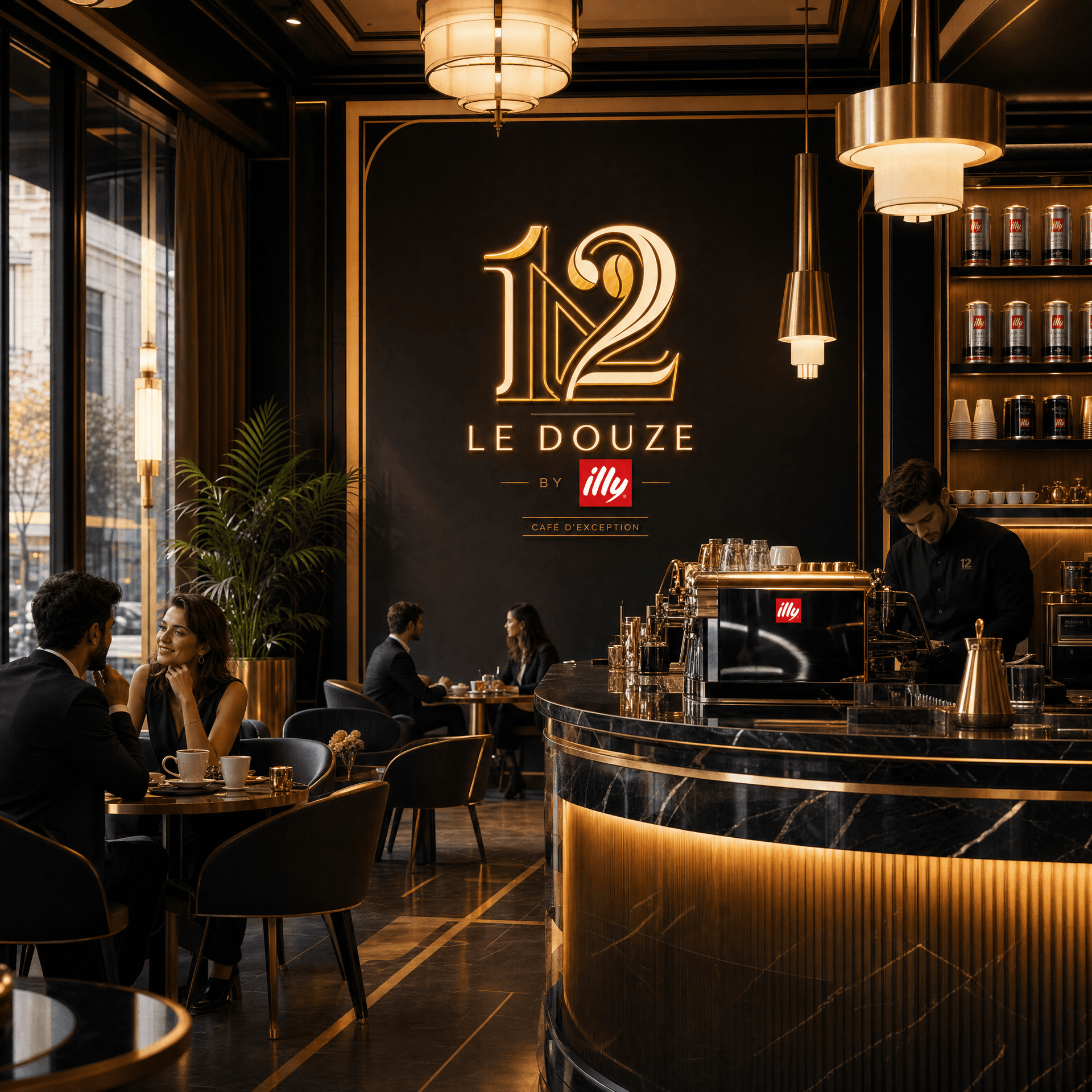 The 12 · café chaleureux, comptoir, lumière chaude